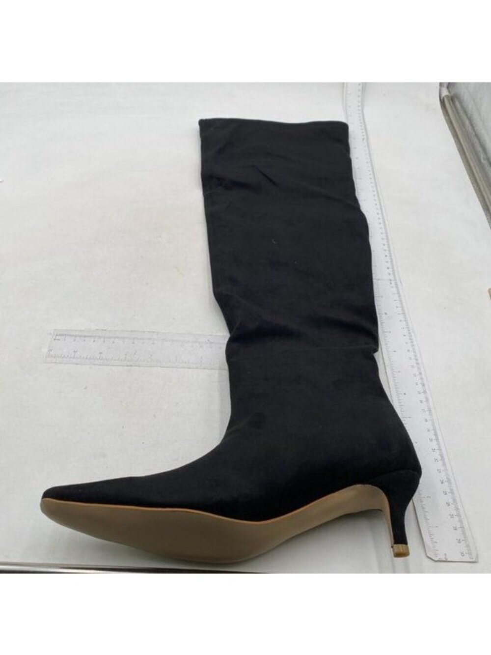 Women Stretchy Knee High Boots Closed Square Toe Low Kitten Heel Black Shoe